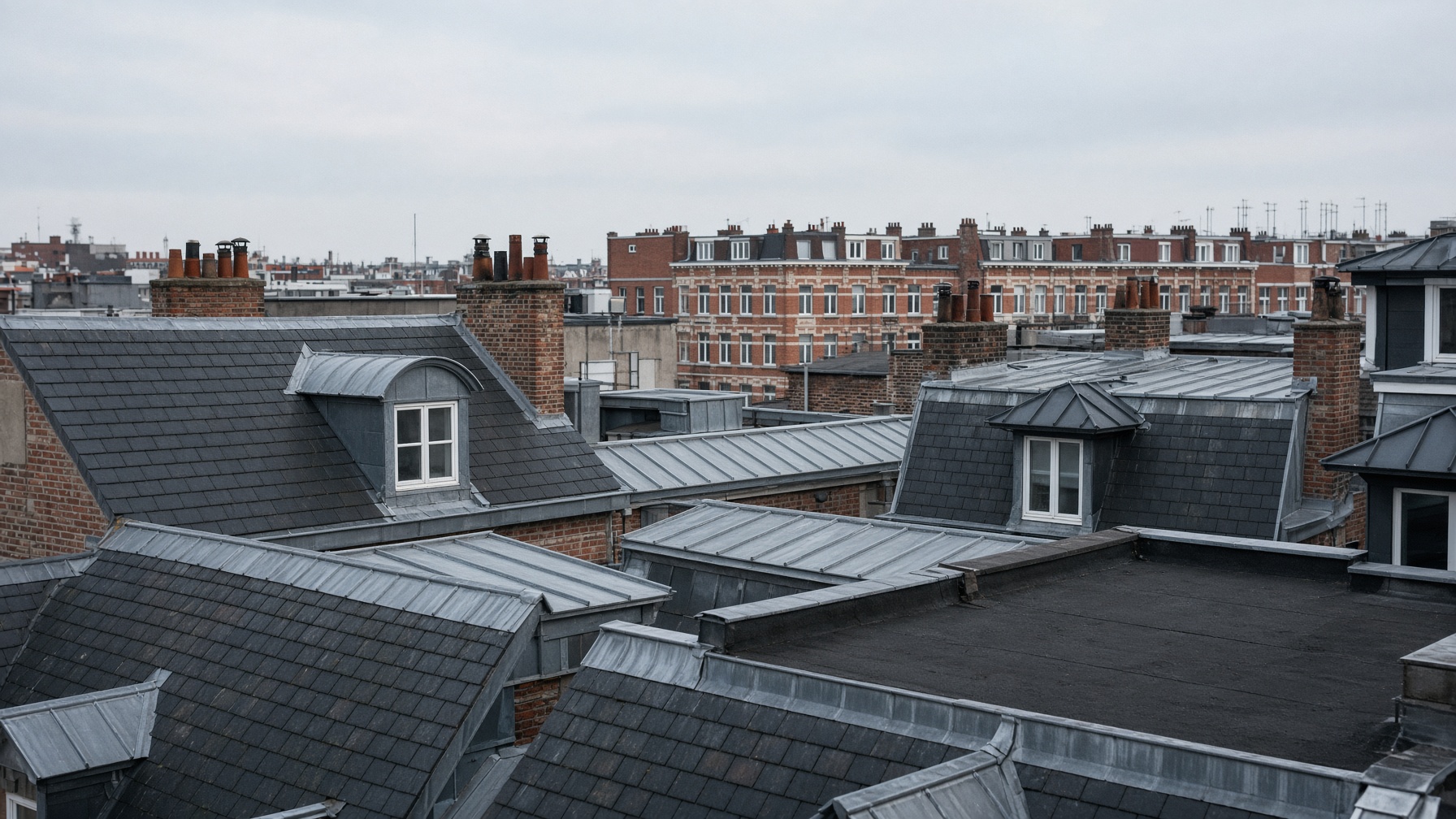 Daken van Antwerpse appartementsgebouwen met schouwen en dakkapellen