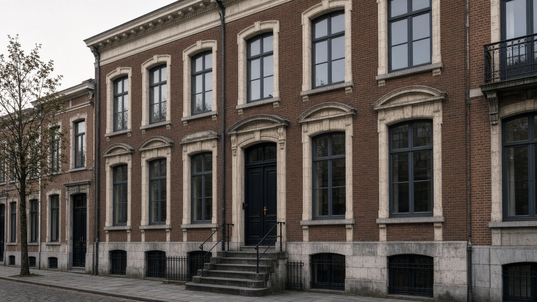 Vooroorlogse appartementsgevel in Antwerpen, baksteen met lichte omlijsting
