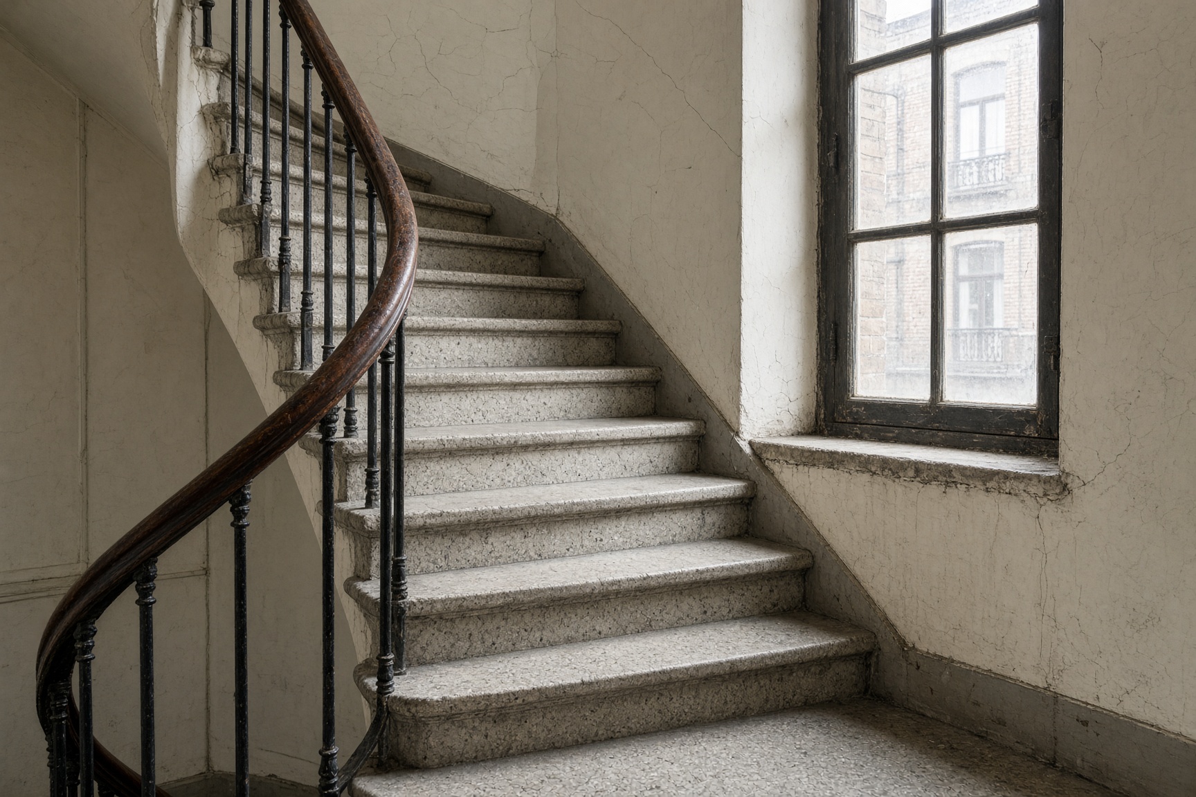 Gemeenschappelijke traphal met terrazzo en houten leuning